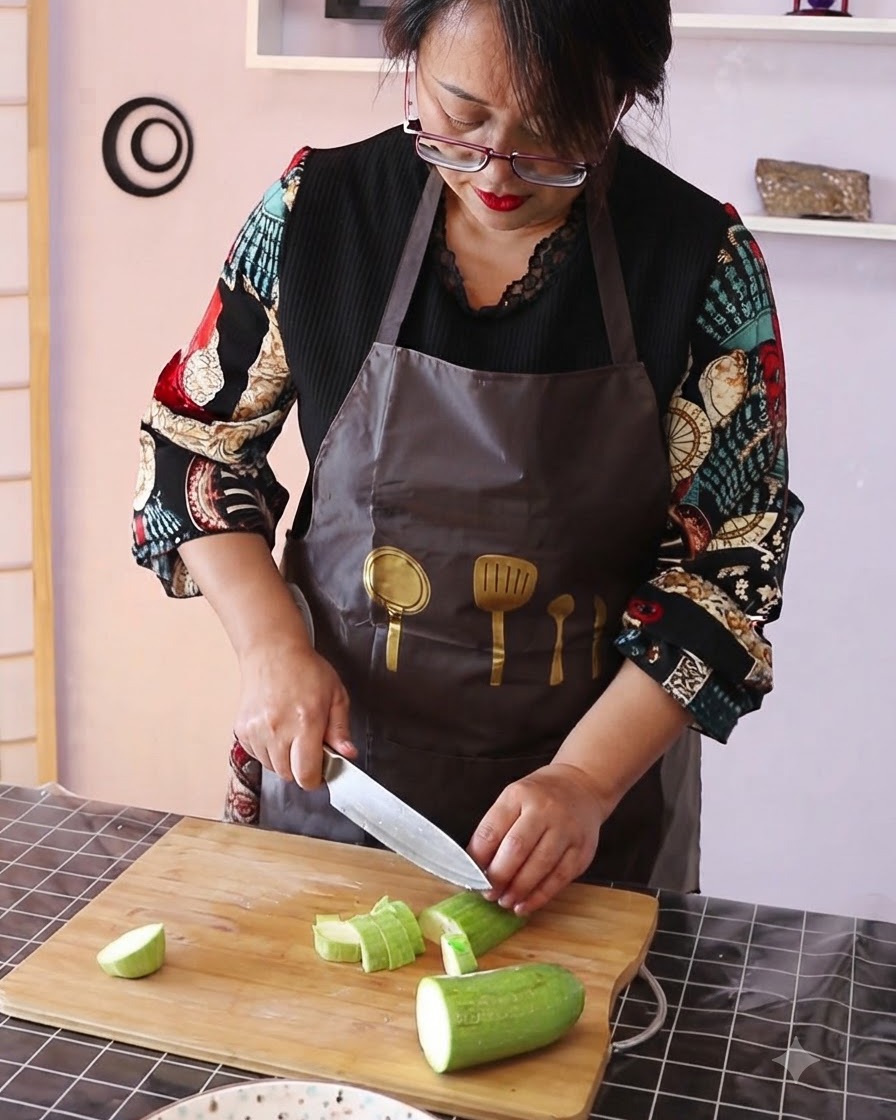 Napa cabbage and large blocks of firm tofu being chopped on a wooden cutting board.