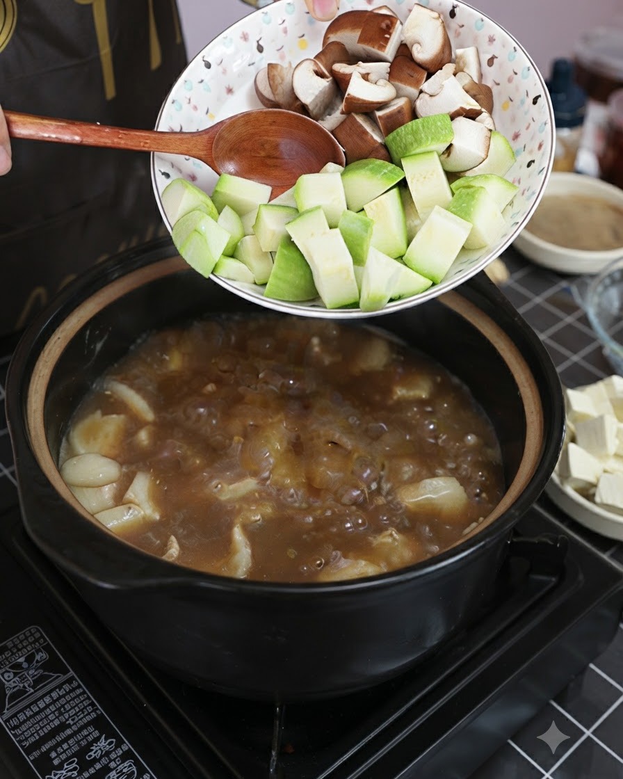 Sliced zucchini and shiitake mushrooms being poured into the boiling soup from a patterned bowl.