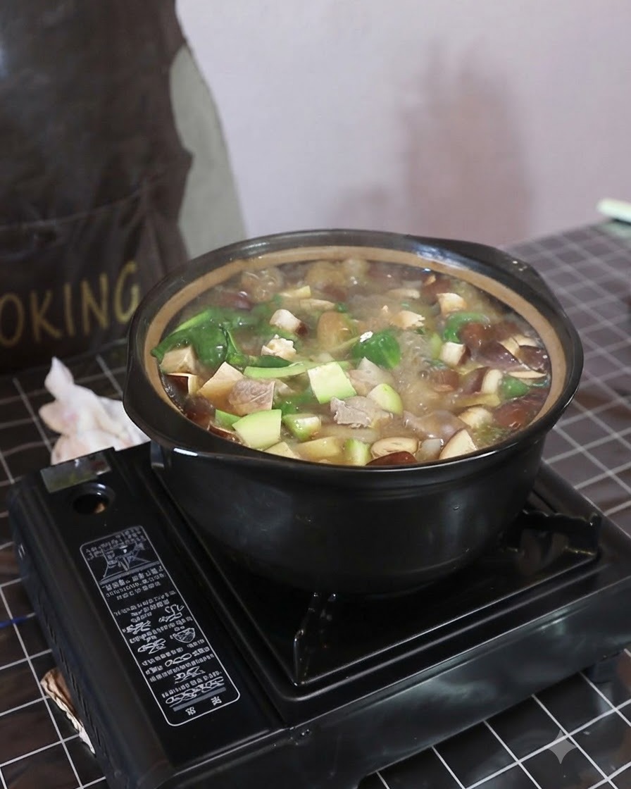 A spoonful of white seasoning powder being poured into the bubbling pot of soup and vegetables.
