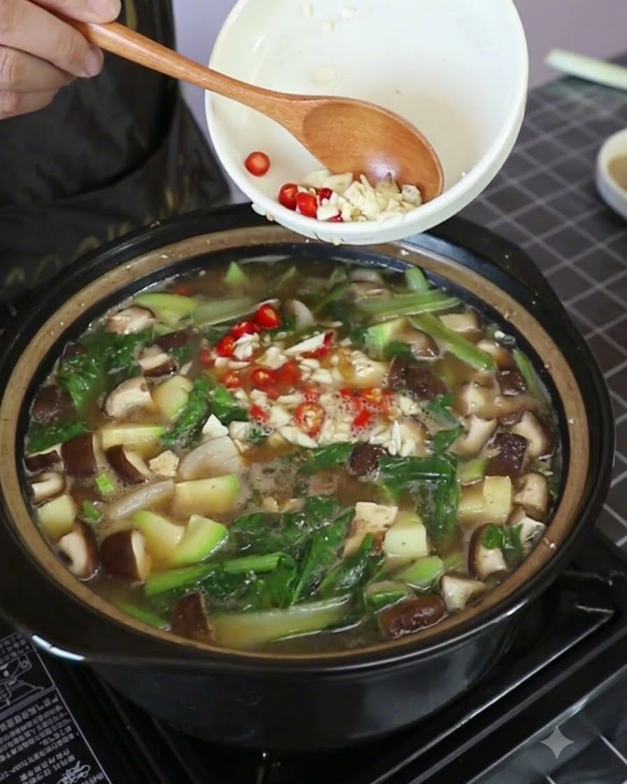 Minced garlic and red Thai chili rings being tipped from a white bowl into the steaming soup pot.