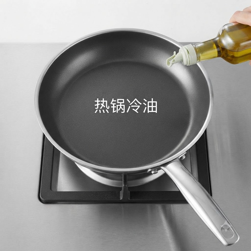 Cooking oil being poured from a bottle into a heated frying pan on a stove.
