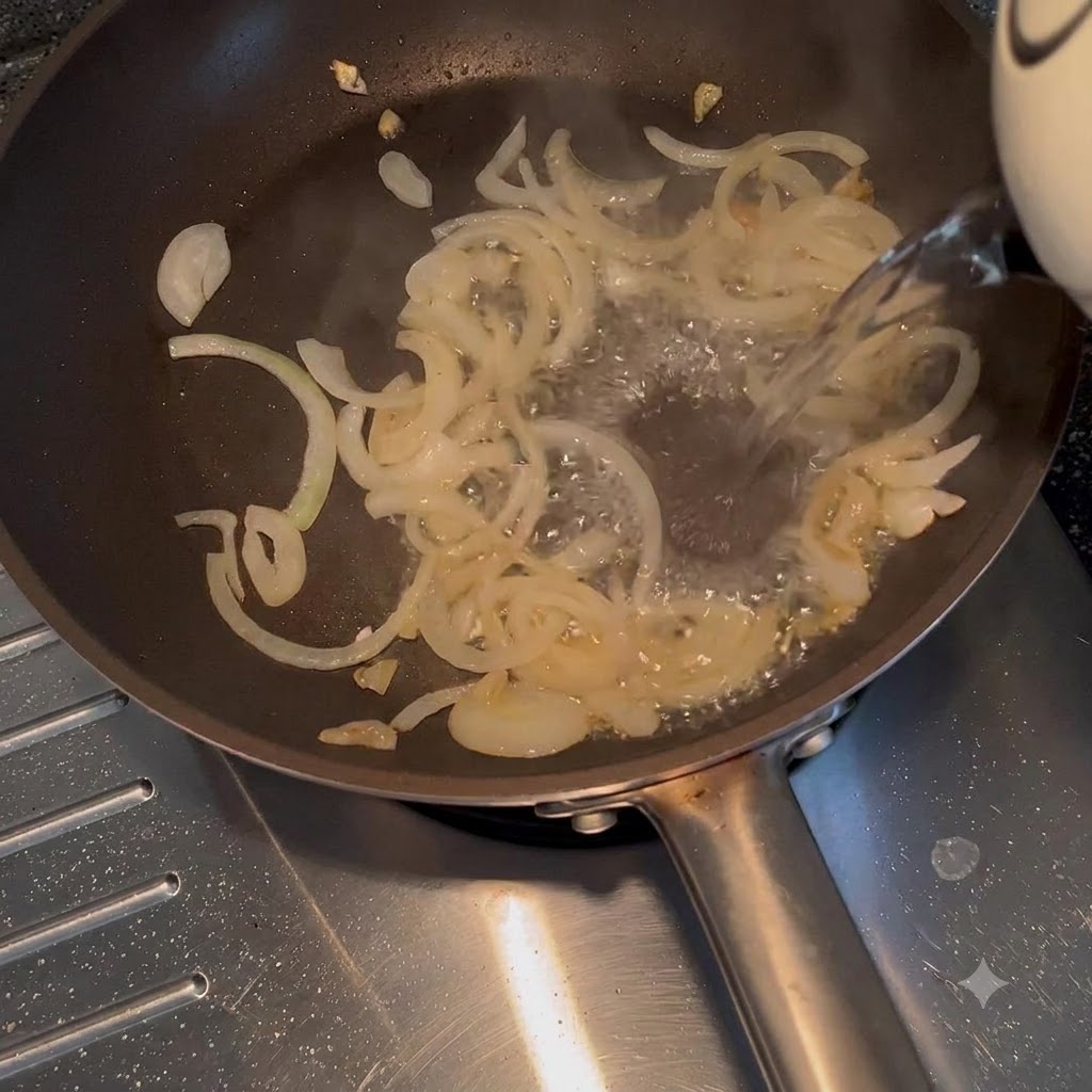 Hot water being poured from a kettle into a frying pan containing translucent stir-fried onions.
