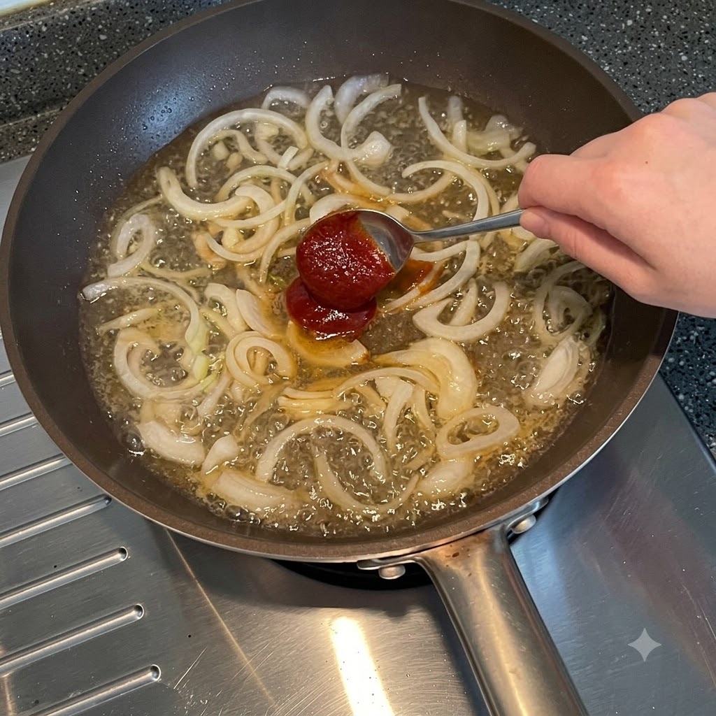 A spoonful of Korean chili paste being added into a pan of boiling water and sliced onions.