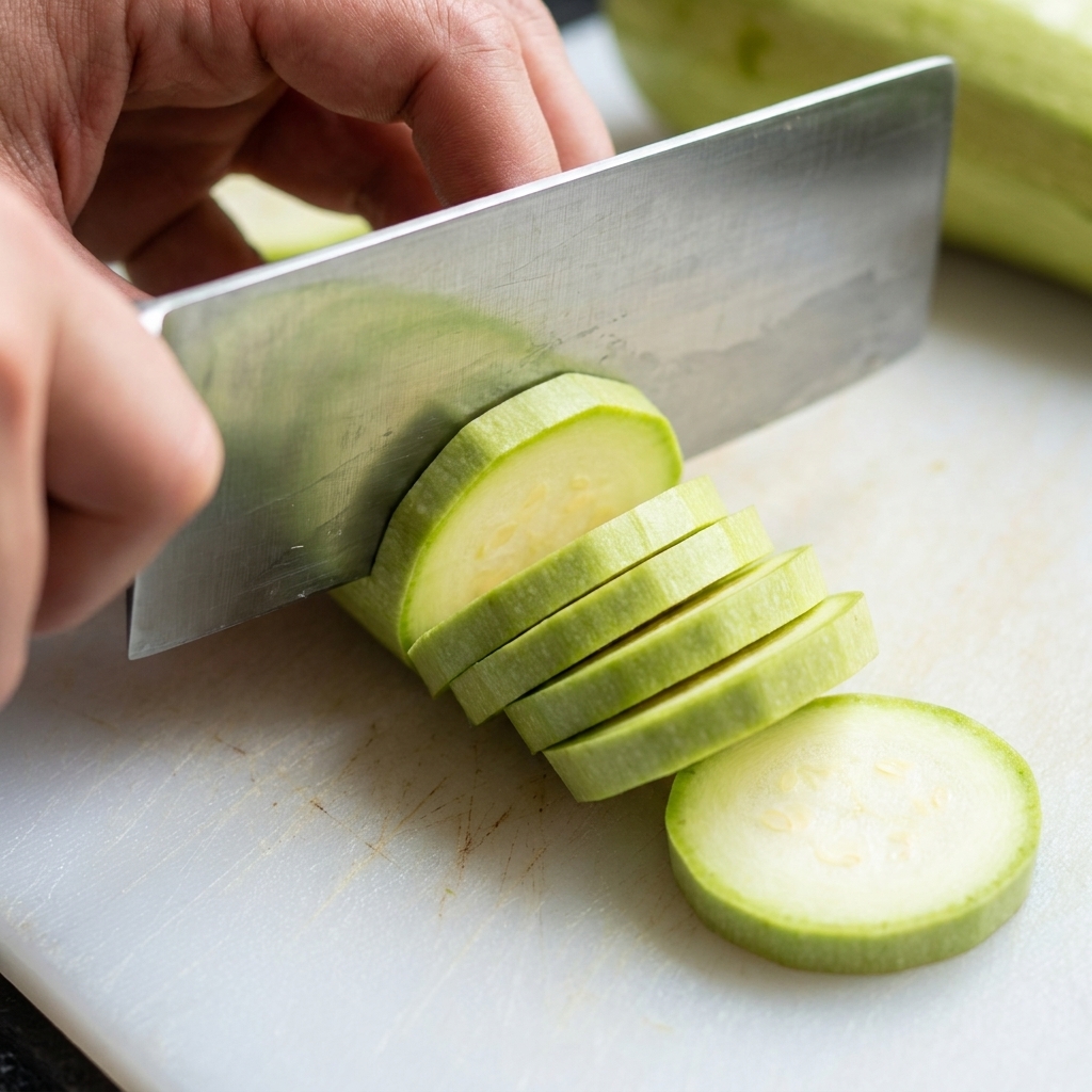 A knife cutting zucchini into round slices on a white cutting board.