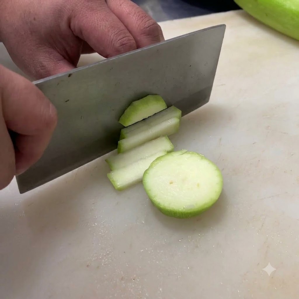 A knife slicing a carrot into thin pieces on a white cutting board.