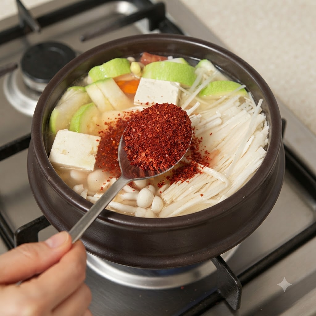 A spoon filled with vibrant red chili powder being added into the simmering stew pot.