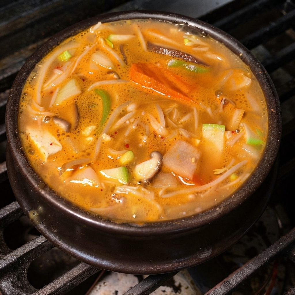 Fresh lettuce leaves and hearts mixed into the simmering Korean soybean paste stew.