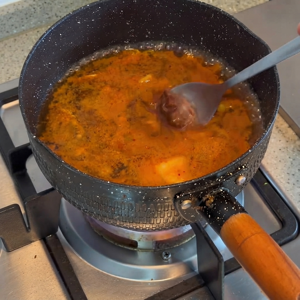 A spoonful of Korean soybean paste being stirred into simmering orange broth.