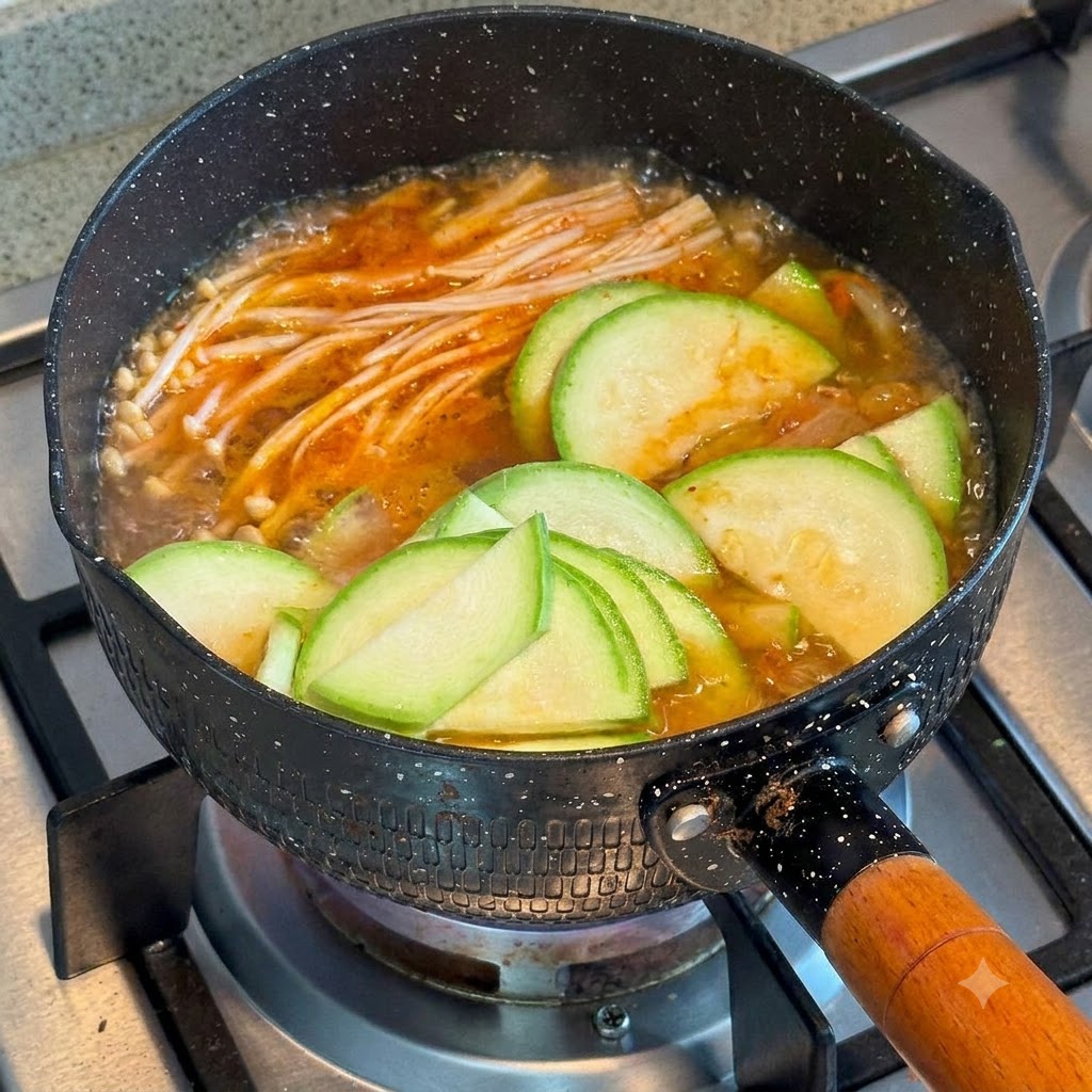 Soy sauce being poured from above into a bubbling pot of kimchi stew containing enoki mushrooms and zucchini slices.