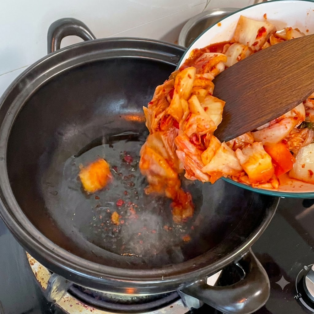 Cut pieces of kimchi being scraped from a plate into a hot dark pot using a wooden spatula.