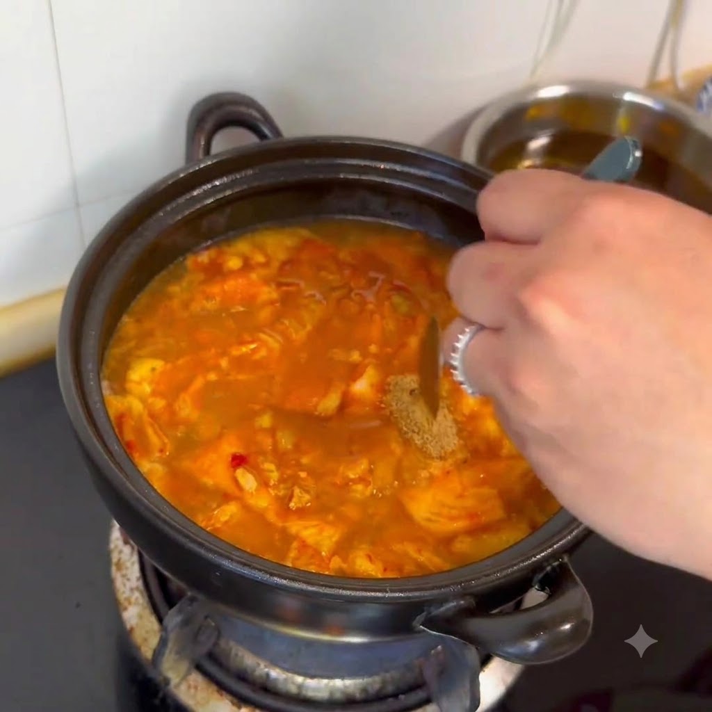 Beef powder and seasonings being added into the simmering pot of stew using a small spoon.