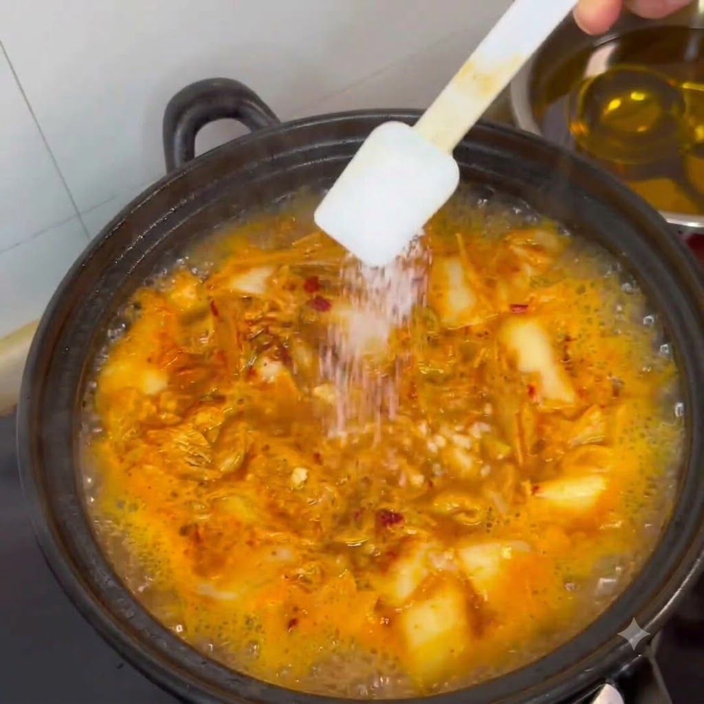 Tofu cubes being added from a white plate into the simmering pot of stew.
