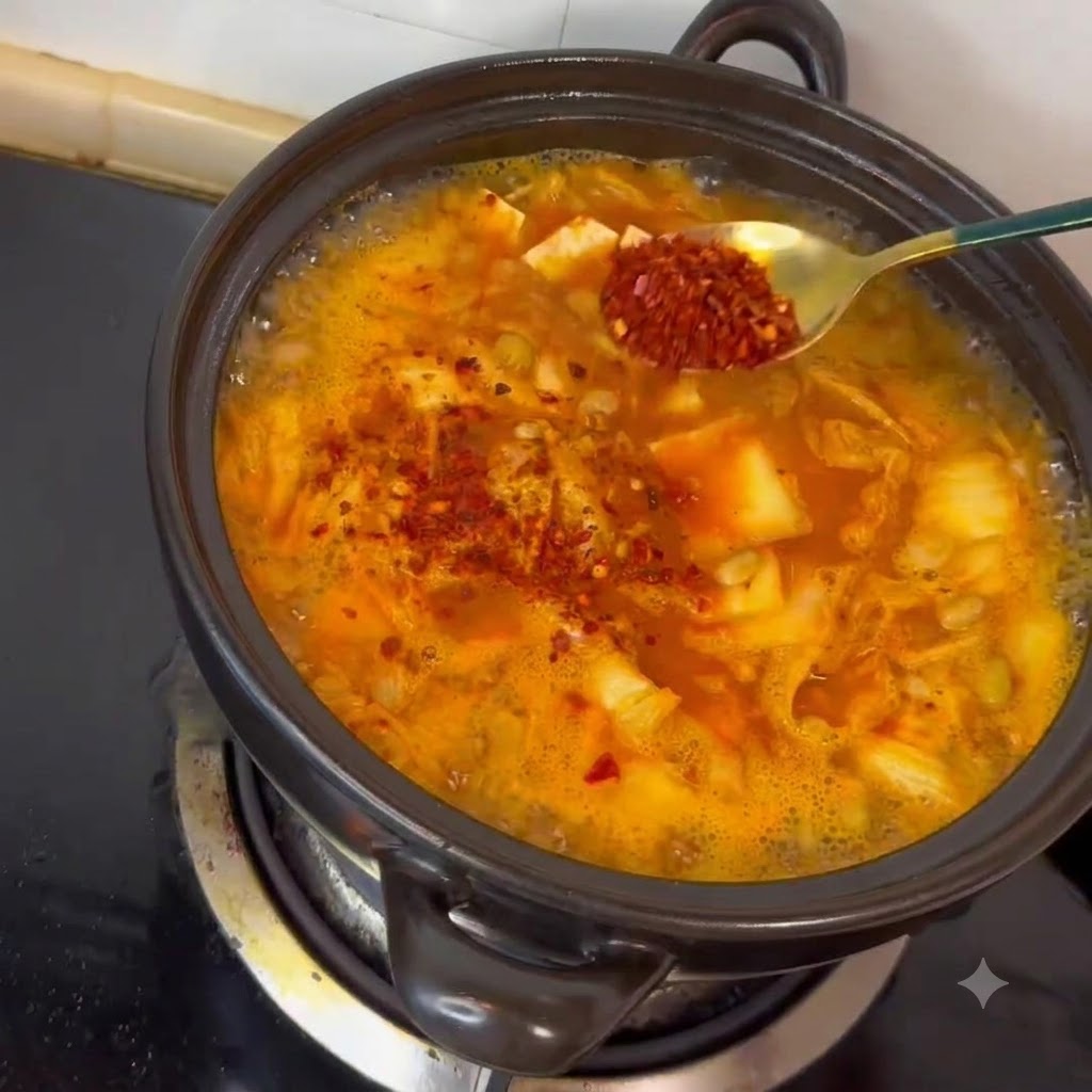 Chili powder being added into the soup pot from a small spoon.