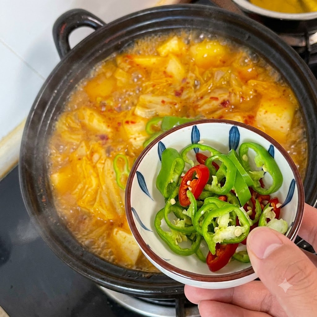 Sliced green and red chili pepper rings in a bowl ready to be added into the boiling soup.