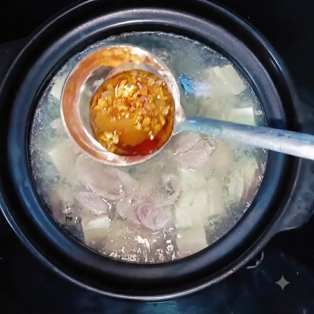 A ladle containing scallion oil and seasonings held over a simmering pot of oyster and tofu soup.