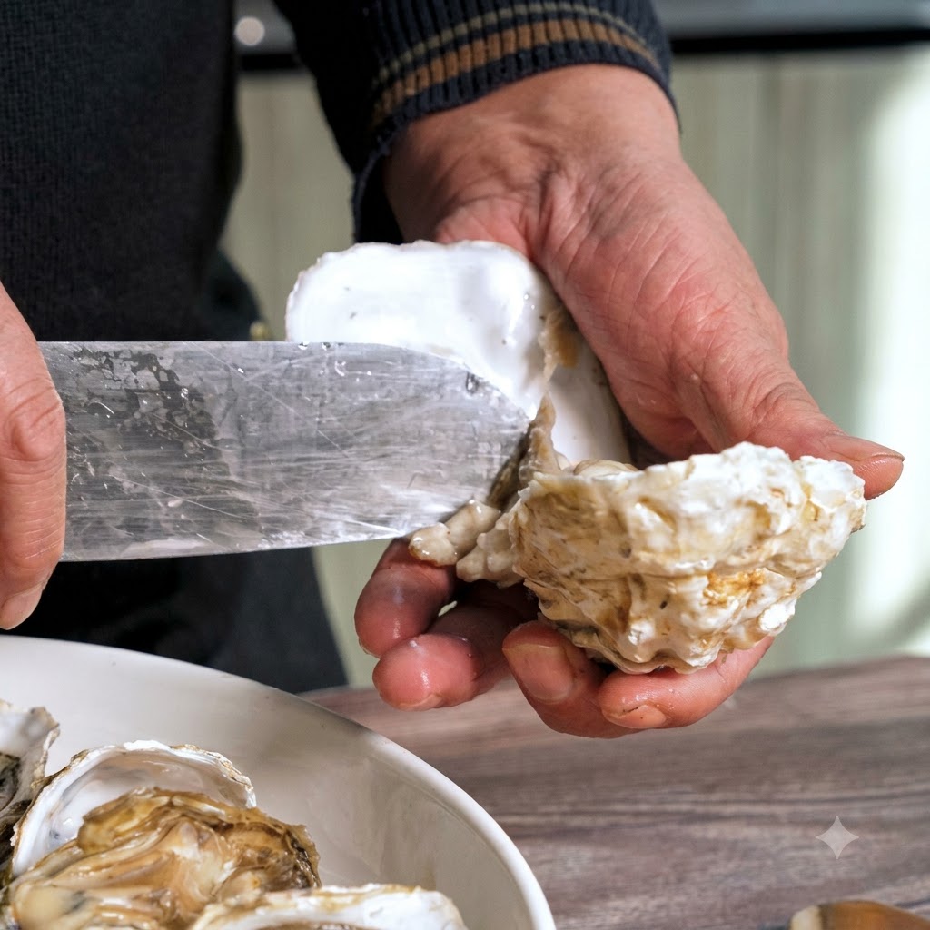A close-up view of hands holding an oyster shell and using a knife to remove the fresh oyster meat.