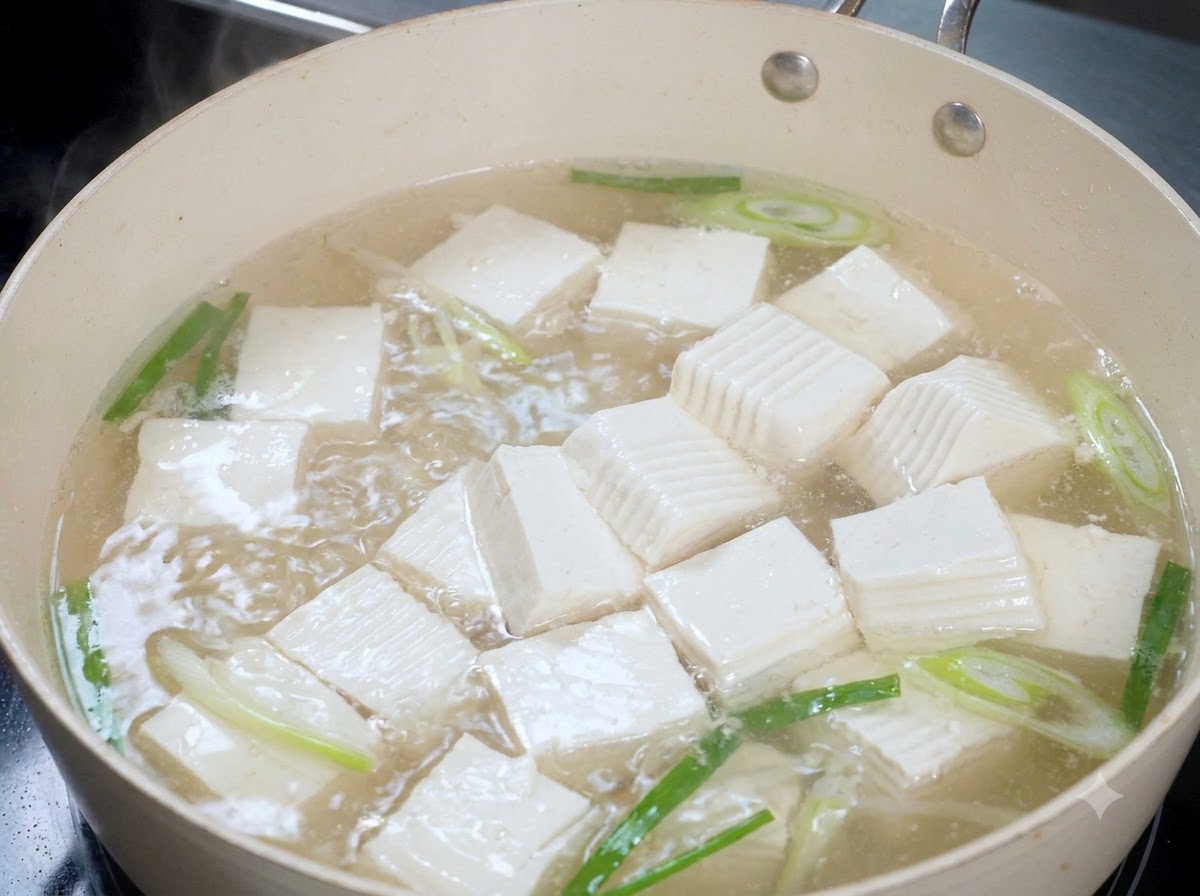 Soft white tofu cubes simmering in boiling water with scallions and ginger.