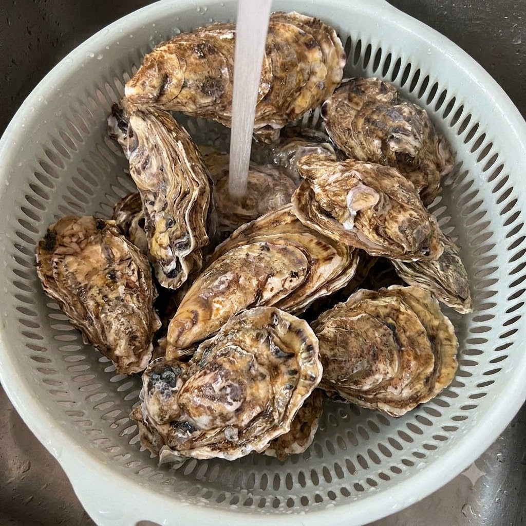 Fresh oysters being washed under a stream of running water in a colander.