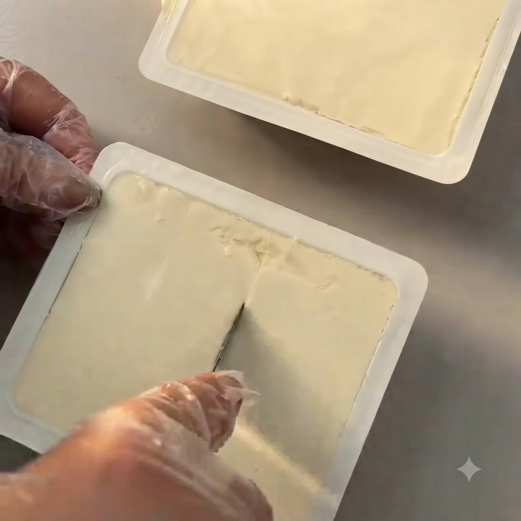 Silken tofu in its plastic packaging being cut into small squares with a knife.