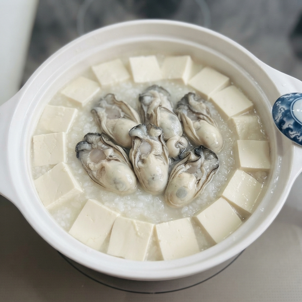 Oysters and tofu simmering together in a white ceramic pot.