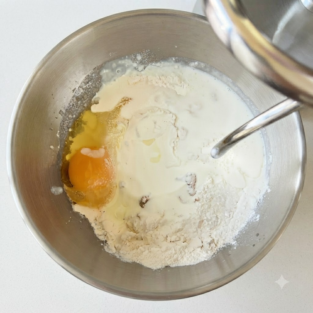 A stand mixer bowl containing flour, a cracked egg, and liquid milk ready for mixing.