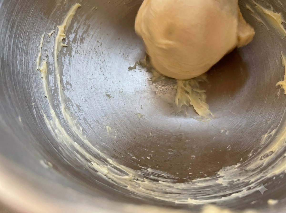 A smooth ball of yeast dough resting inside a metal mixing bowl with butter streaks along the sides.
