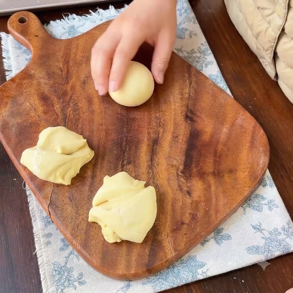 A hand rolling a piece of yellow dough into a smooth spherical ball on a wooden cutting board.