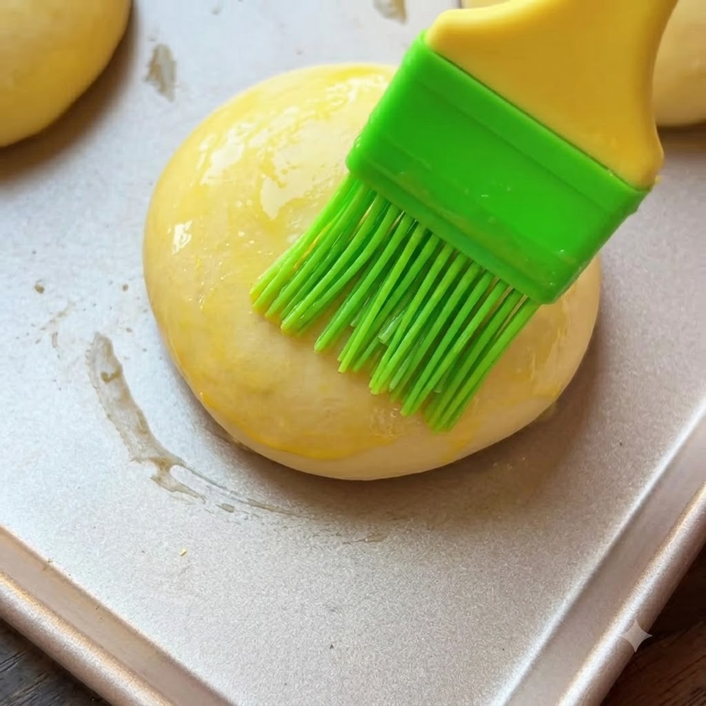 A green silicone pastry brush coating a proofed dough bun with yellow egg wash on a baking sheet.