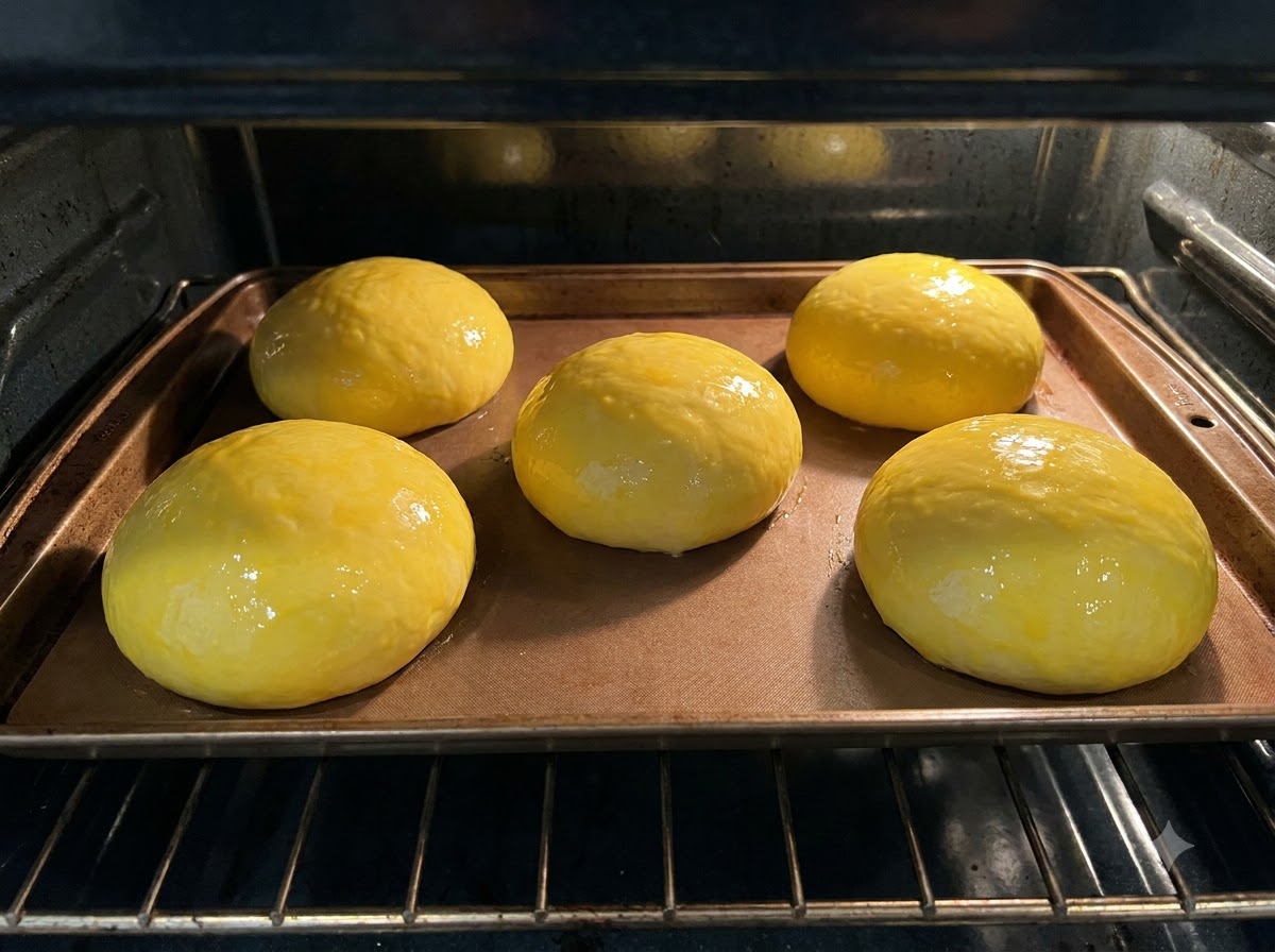 Five shiny egg-washed dough buns baking on a tray inside a hot oven.