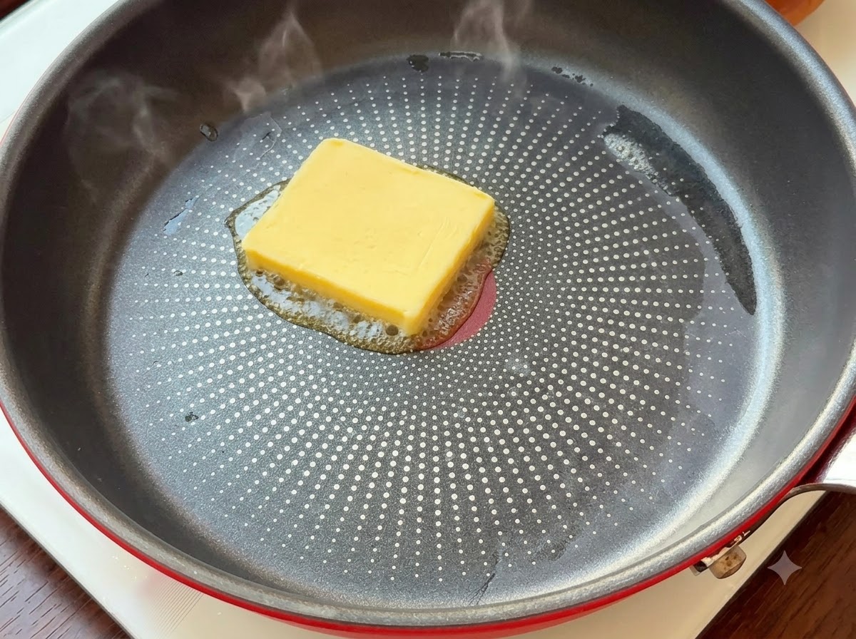 A square of yellow butter melting in the center of a hot non-stick frying pan.