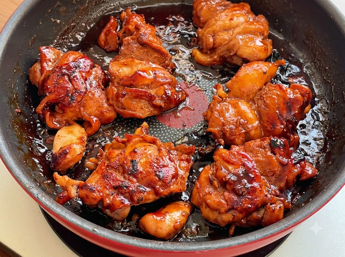 Chicken thighs simmering in a thick, dark teriyaki glaze inside a skillet.