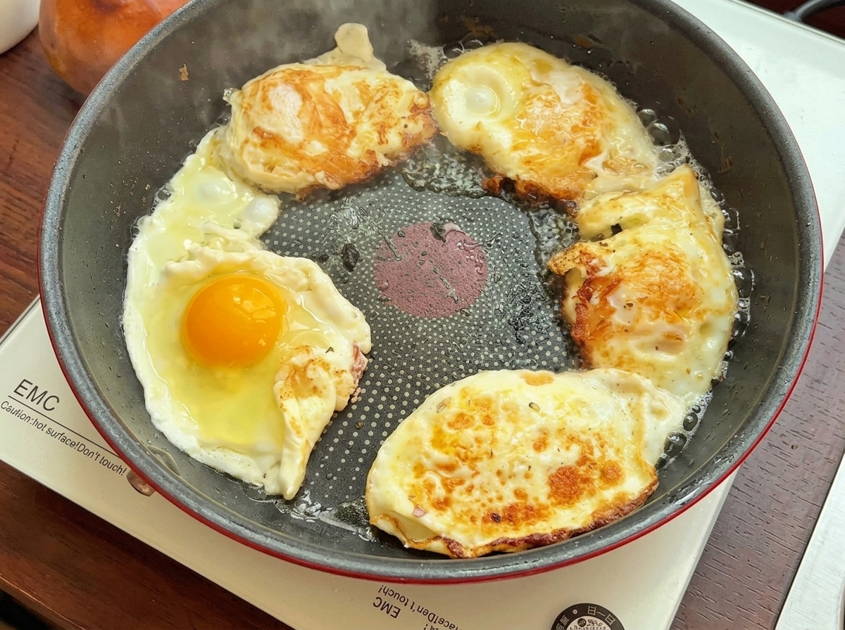 Multiple eggs frying in a non-stick pan, showing bubbling whites and bright yellow yolks.
