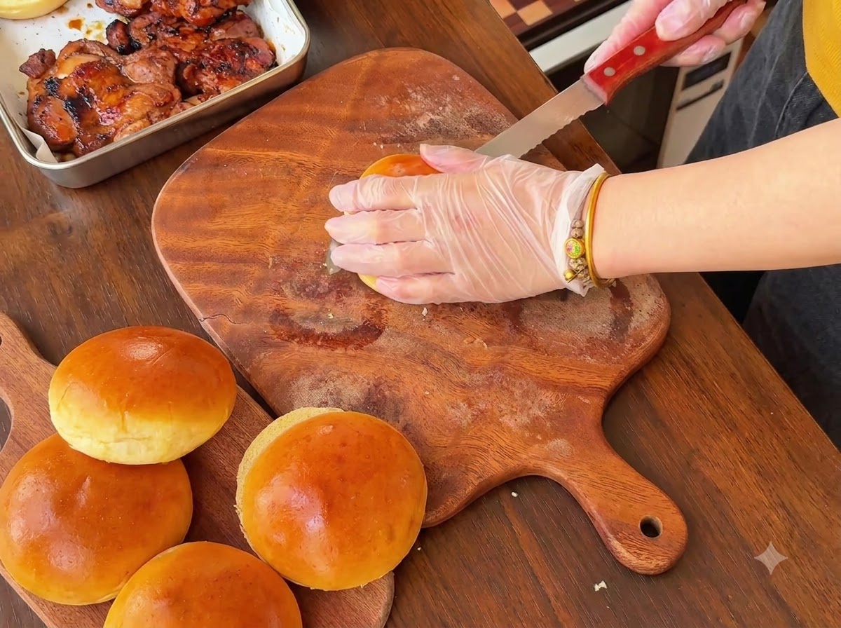 Hands wearing clear gloves using a serrated knife to cut a freshly baked golden burger bun in half on a wooden board.