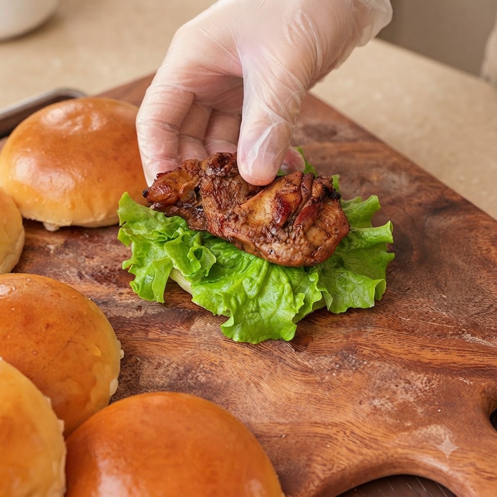 A gloved hand placing a glazed piece of teriyaki chicken over a bed of fresh green lettuce on a burger bun base.
