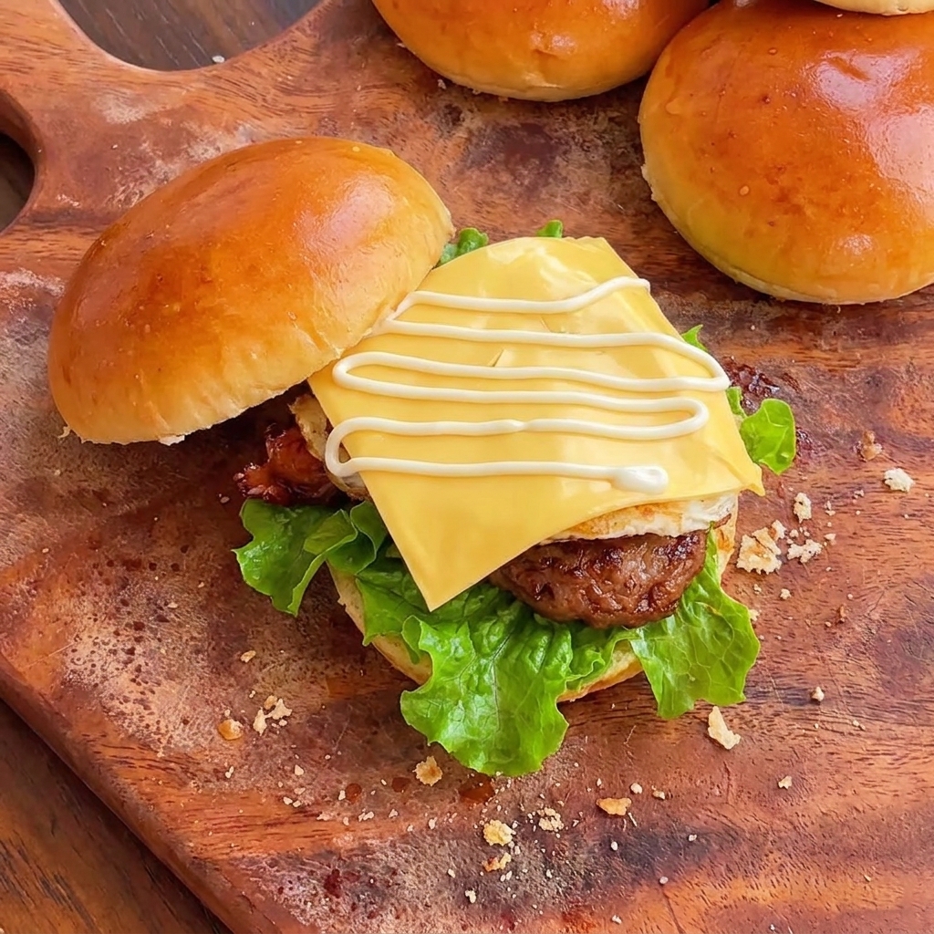 A freshly assembled teriyaki chicken burger featuring lettuce, chicken patty, fried egg, a slice of melted cheese, and patterned lines of mayonnaise on top.