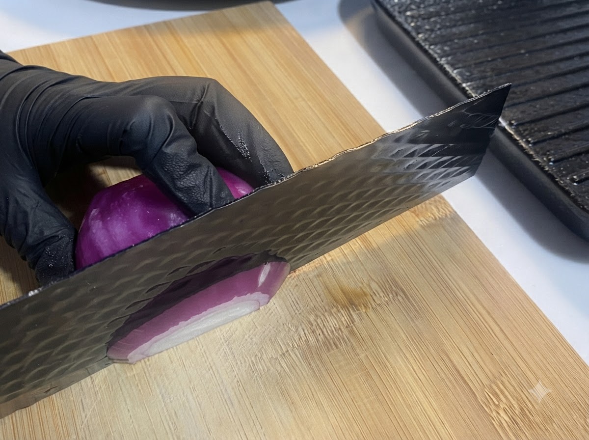 A cleaver slicing through a red onion on a wooden cutting board.