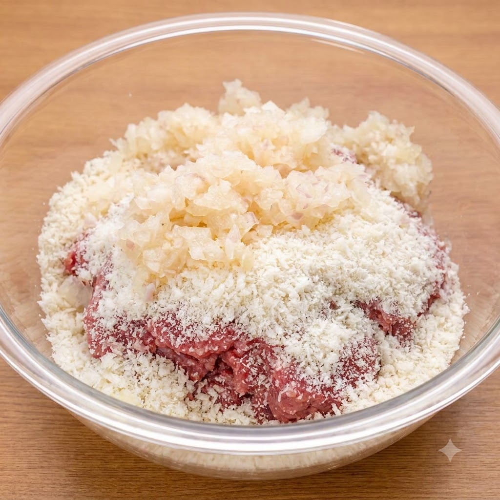 Cooked diced onions piled on top of minced beef and breadcrumbs inside a glass bowl.