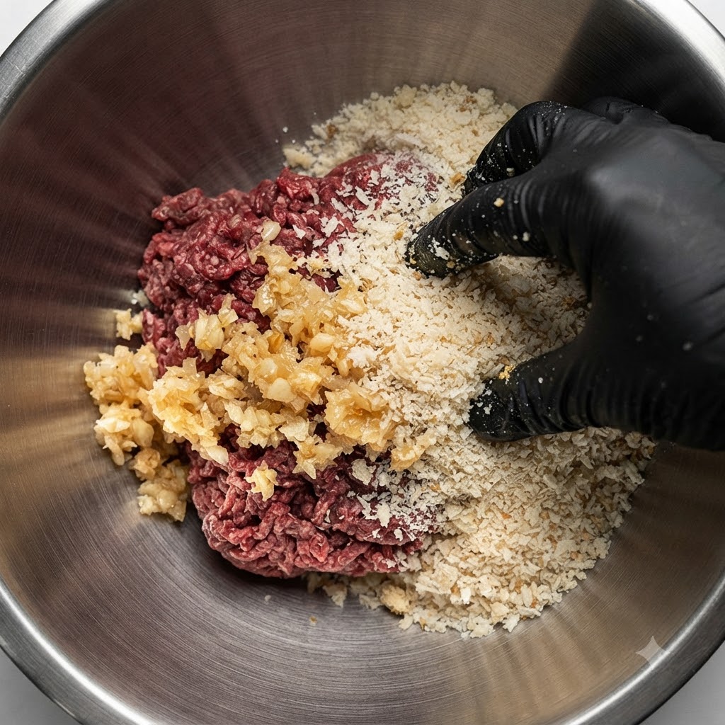 A gloved hand mixing seasonings into the meat preparation bowl.