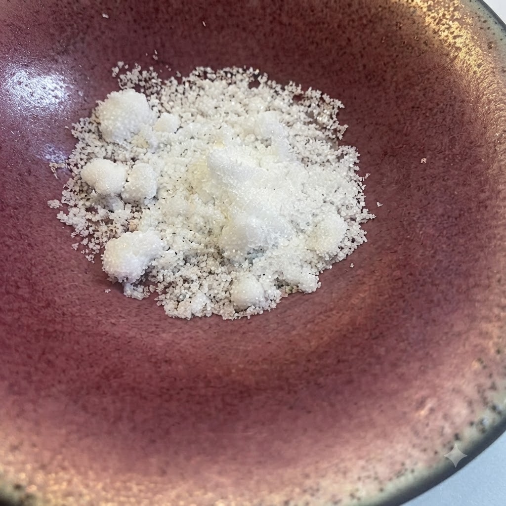 White sugar placed in a pink bowl, with ketchup and soy sauce being poured in.