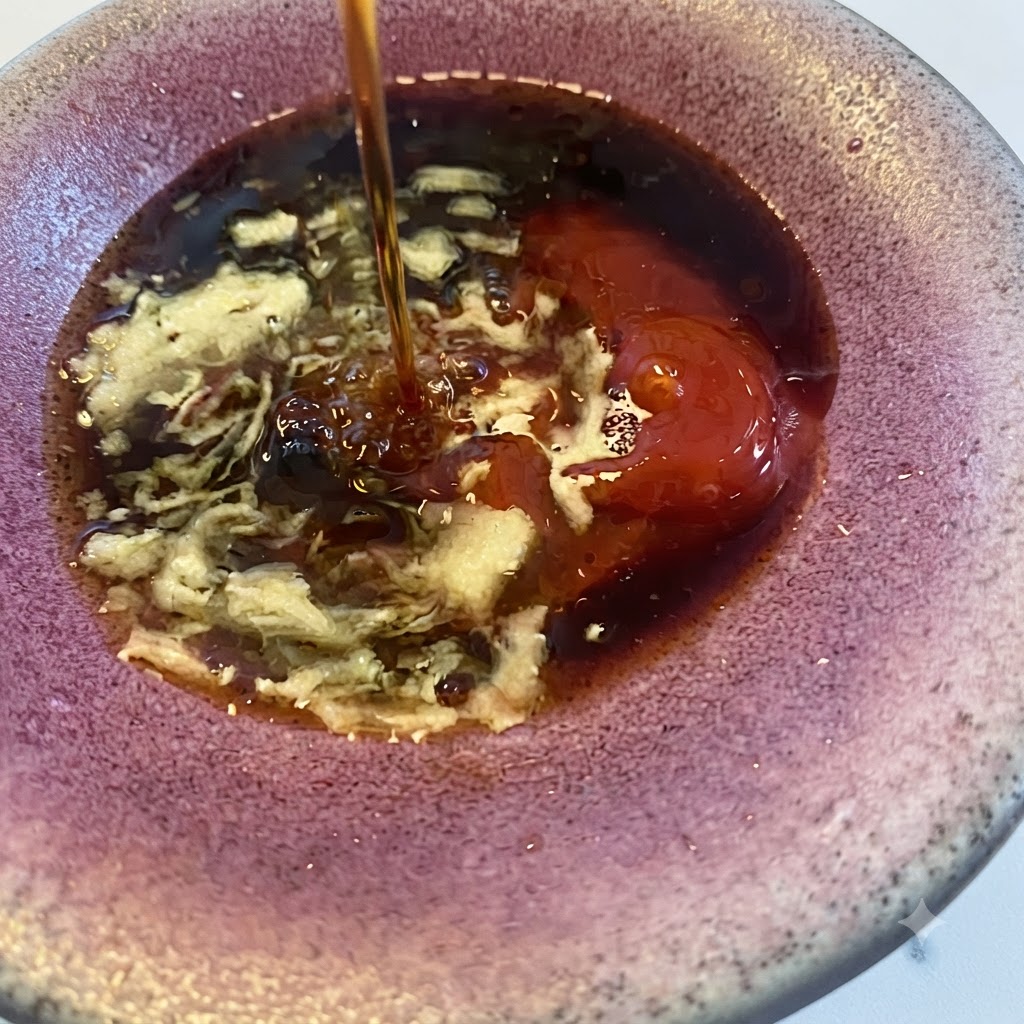 Cooking wine being poured into the bowl with the sauce ingredients.