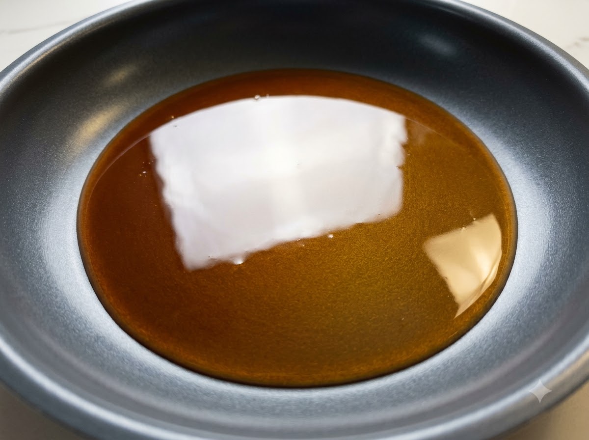 A dark teriyaki sauce simmering and reducing in a frying pan over medium heat.