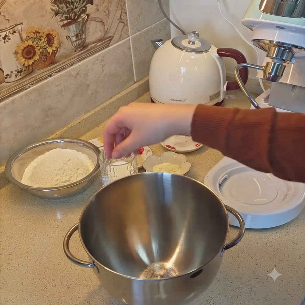 Dry baking ingredients and milk being measured and added into a stainless steel stand mixer bowl.