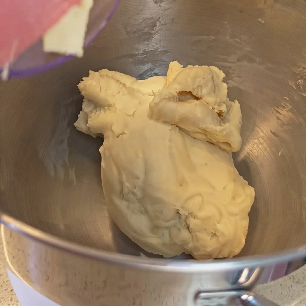 A piece of yellow butter being added to mixed dough inside a stand mixer bowl.