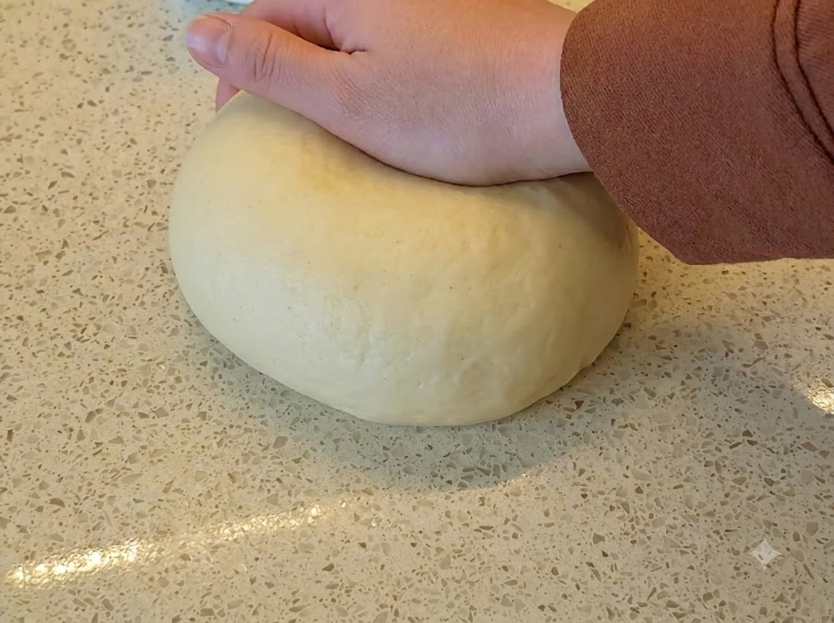 A hand pressing down on a large smooth ball of yellow bread dough on a speckled countertop.
