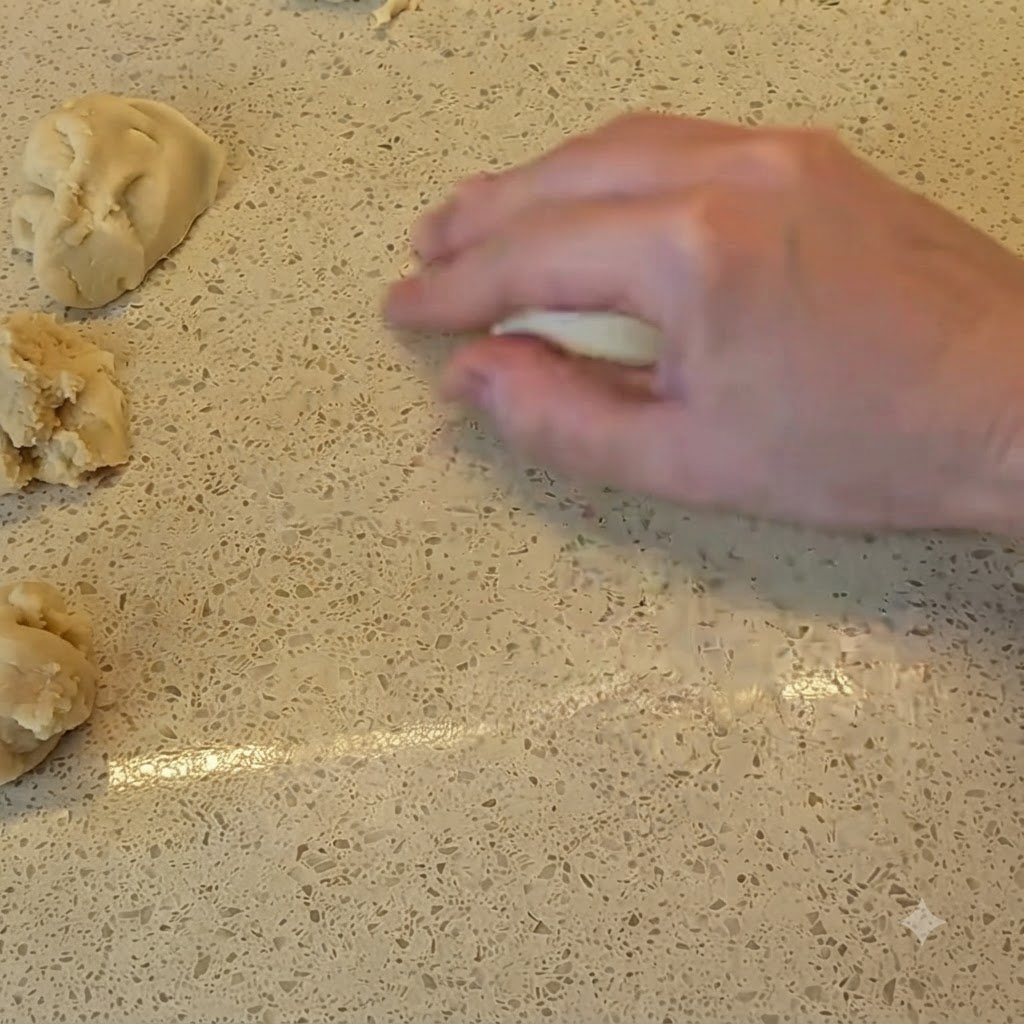 A hand rolling a small piece of dough into a smooth ball on a speckled countertop with other dough portions nearby.