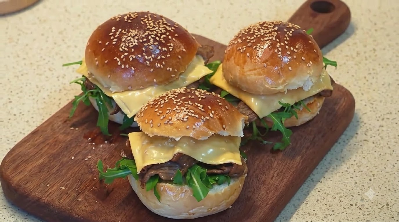 Homemade Teriyaki Beef Burgers with Cheddar and Arugula