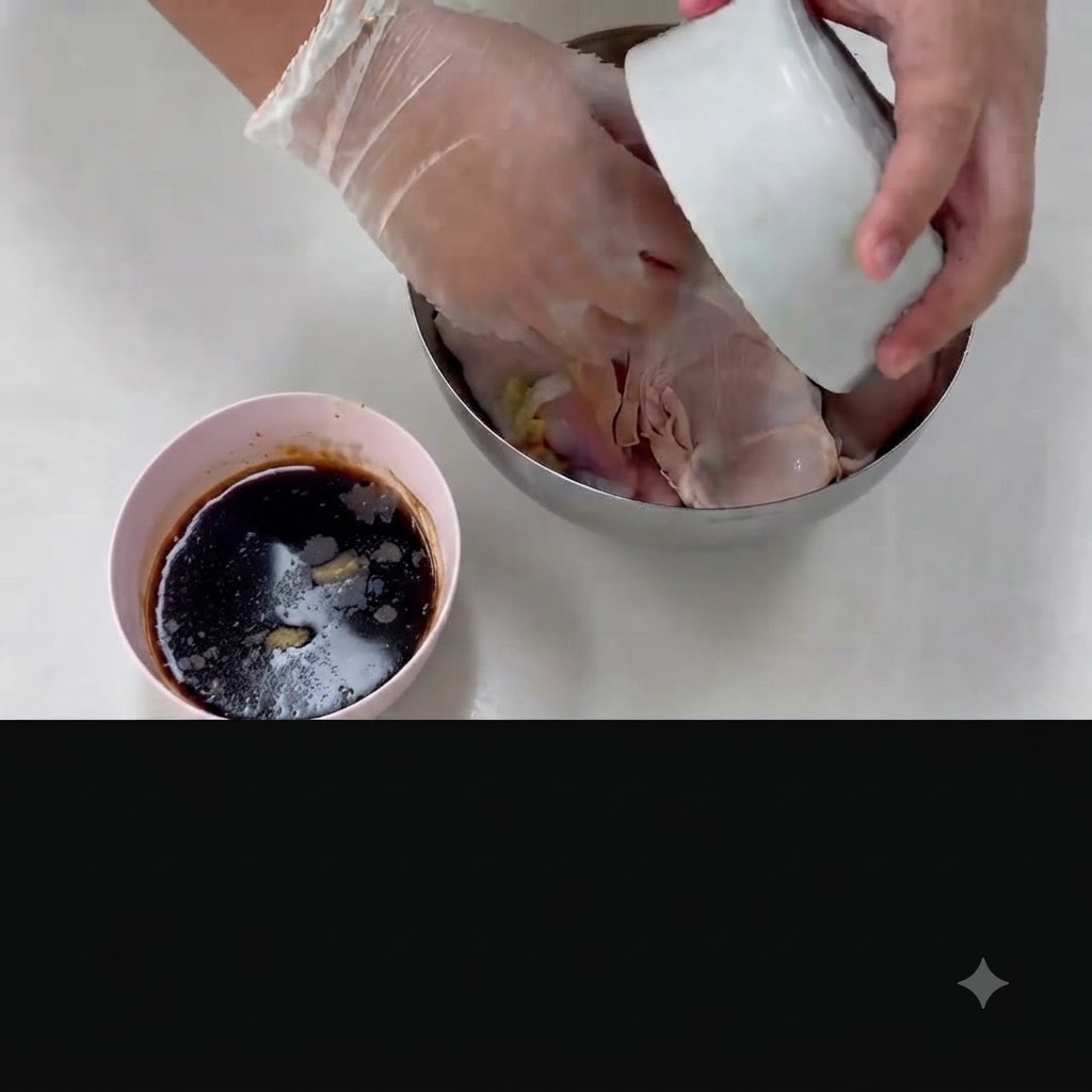 Aromatics being poured from a small bowl into the chicken mixing bowl.