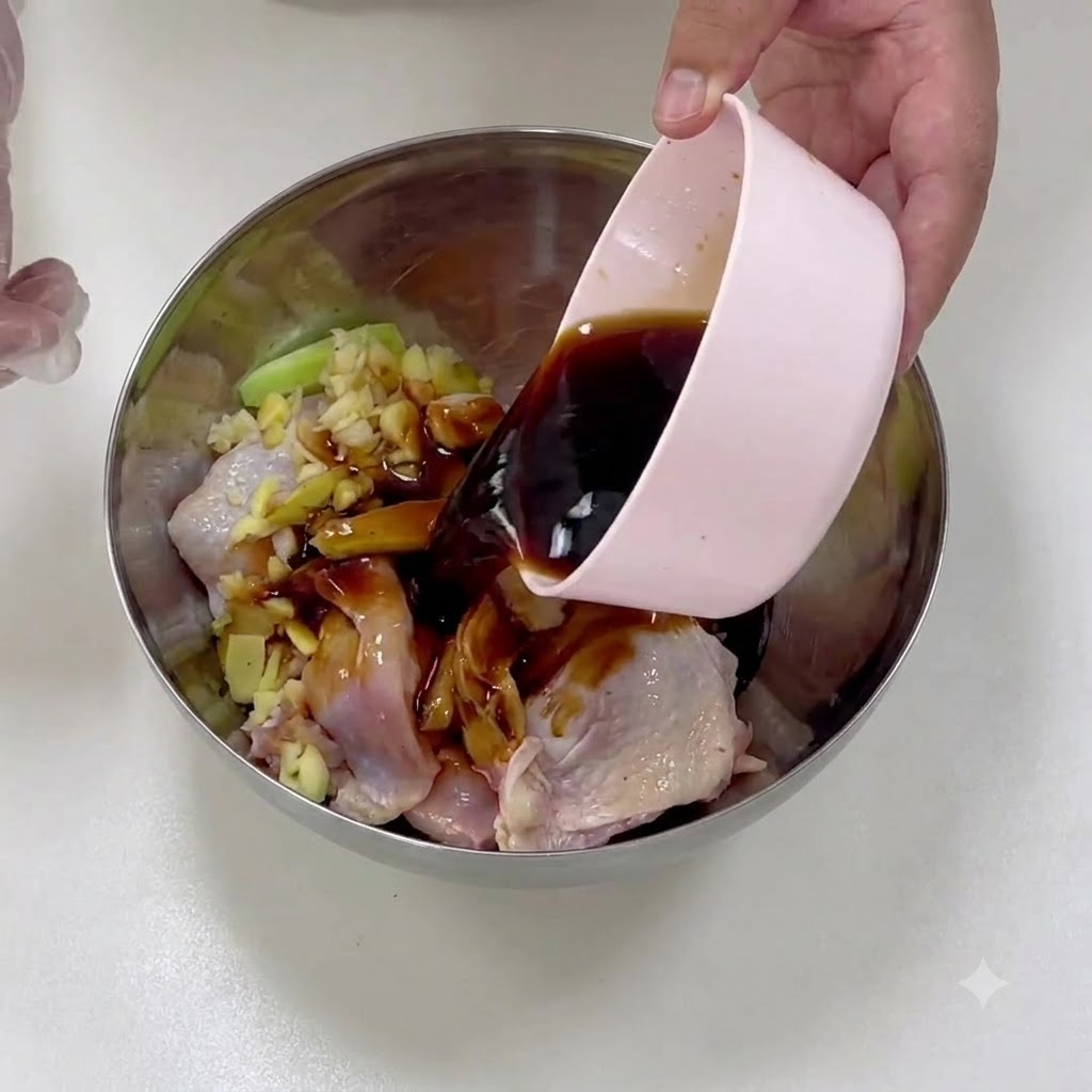 Dark teriyaki sauce mixture being poured from a bowl into the chicken bowl.