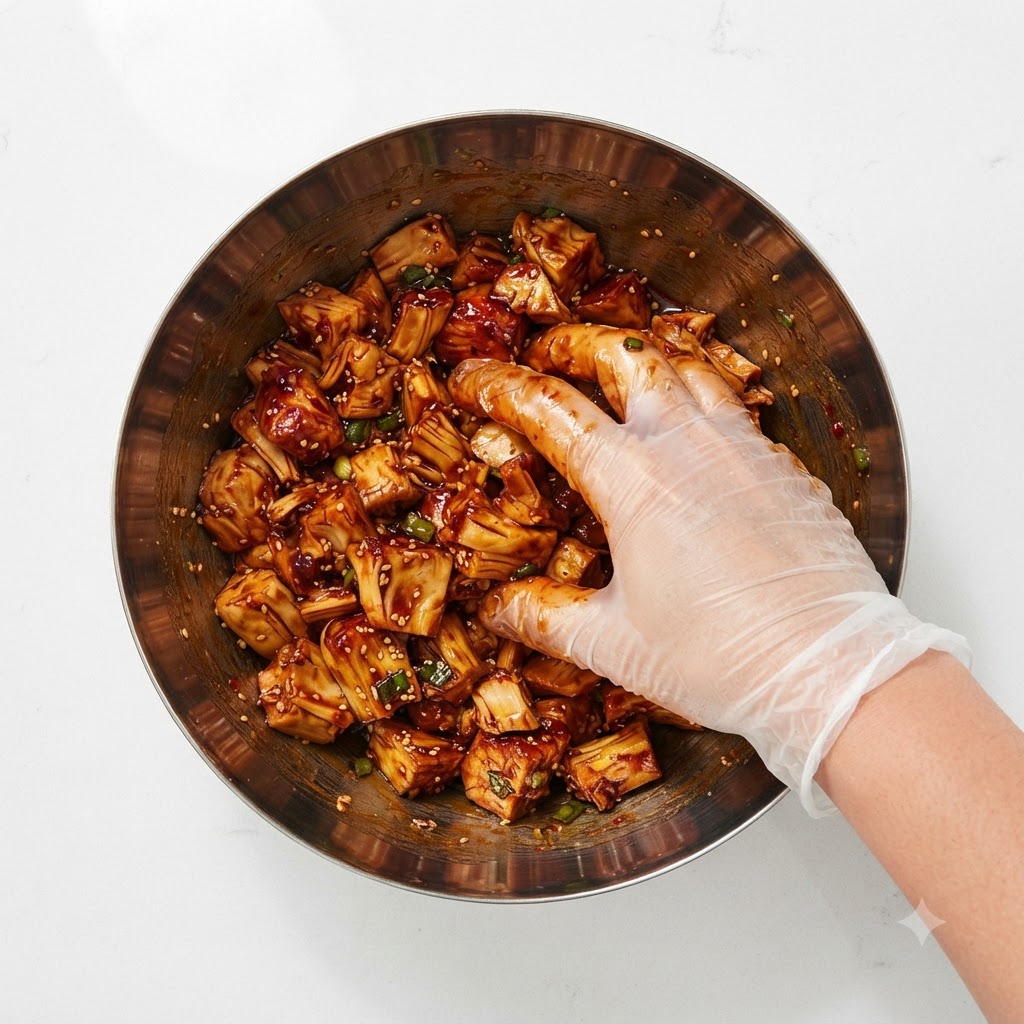 Gloved hand mixing the chicken and marinade ingredients together inside a bowl.