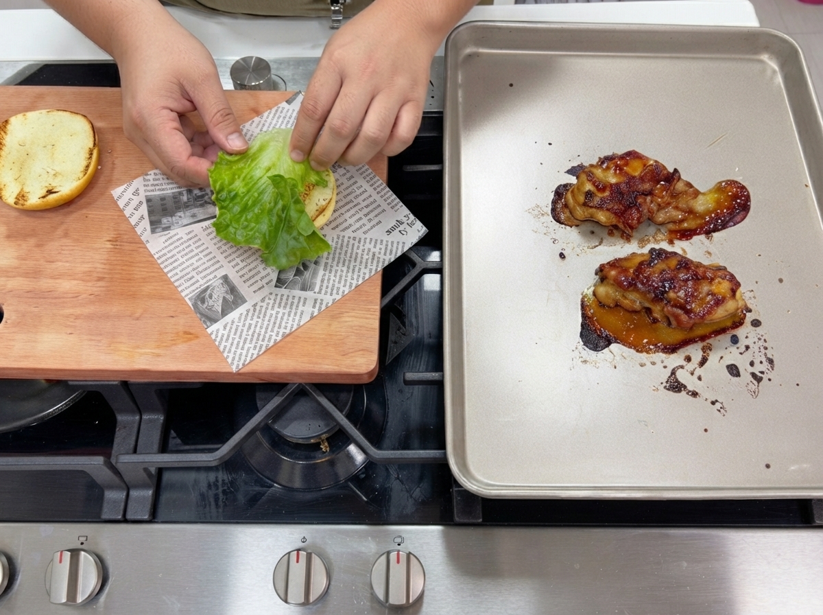 Teriyaki sauce being brushed onto seared chicken thighs arranged on a baking sheet.